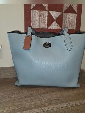 Coach Light Blue Leather Tote Bag with Turn-Lock Closure
